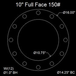 10" Full Face Flange Gasket (w/12 Bolt Holes) - 150 Lbs. - 1/16" Thick Viton™