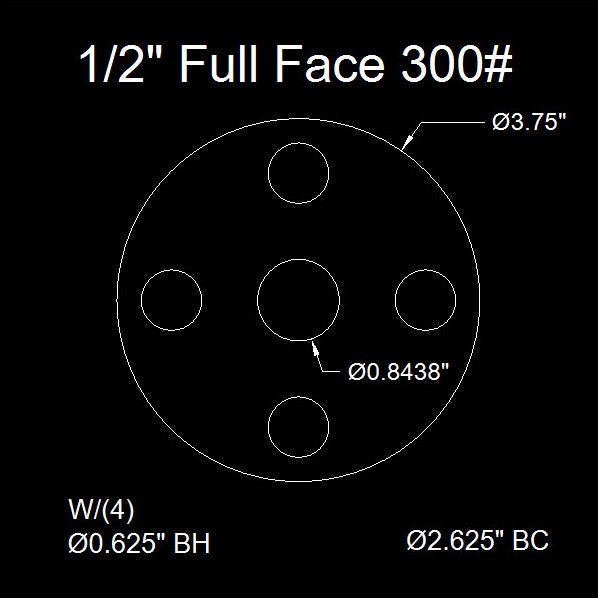 1/2" Full Face Flange Gasket (w/4 Bolt Holes) - 300 Lbs. - 1/8" Thick (60 Duro) Neoprene