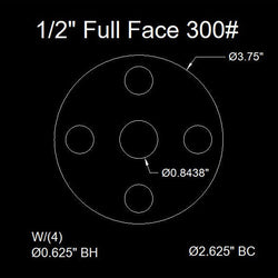 1/2" Full Face Flange Gasket (w/4 Bolt Holes) - 300 Lbs. - 1/8" Thick EPDM