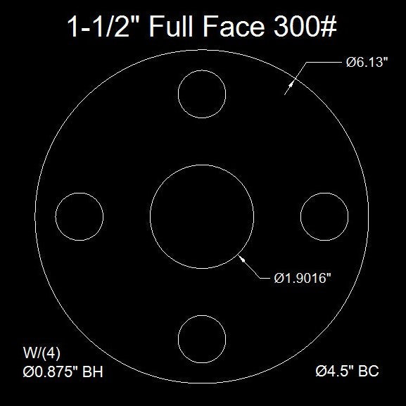 1-1/2" Full Face Flange Gasket (w/4 Bolt Holes) - 300 Lbs. - 1/16" Thick (70 Duro) Neoprene