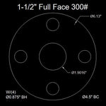 1-1/2" Full Face Flange Gasket (w/4 Bolt Holes) - 300 Lbs. - 1/8" Thick Garlock Blue-Gard 3300