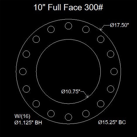 10" Full Face Flange Gasket (w/16 Bolt Holes) - 300 Lbs. - 1/16" Thick Garlock Blue-Gard 3000