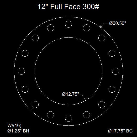 12" Full Face Flange Gasket (w/16 Bolt Holes) - 300 Lbs. - 1/8" Thick Garlock Blue-Gard 3300