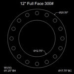 12" Full Face Flange Gasket (w/16 Bolt Holes) - 300 Lbs. - 1/16" Thick Garlock Blue-Gard 3700