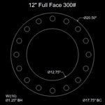 12" Full Face Flange Gasket (w/16 Bolt Holes) - 300 Lbs. - 1/16" Thick Nitrile (NBR) Buna-N