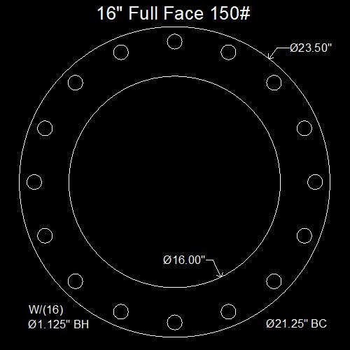 16" Full Face Flange Gasket (w/16 Bolt Holes) - 150 Lbs. - 1/8" Thick Durlon HT1000 L316