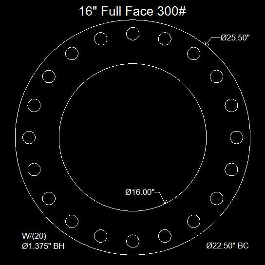 16" Full Face Flange Gasket (w/20 Bolt Holes) - 300 Lbs. - 1/16" Thick (60 Duro) Neoprene