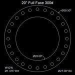 20" Full Face Flange Gasket (w/24 Bolt Holes) - 300 Lbs. - 1/8" Thick Garlock Blue-Gard 3700