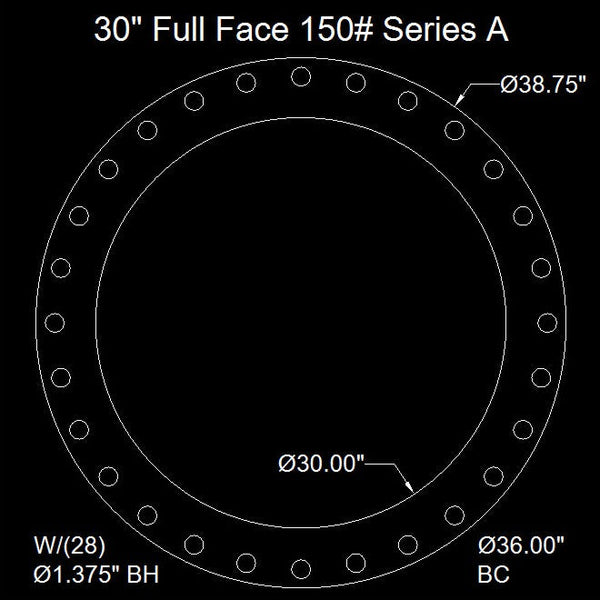 30" Full Face Flange Gasket (w/28 Bolt Holes) - Series A 150 Lbs. - 1/16" Thick Nitrile (NBR) Buna-N