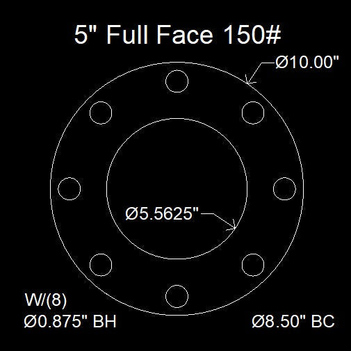 5" Full Face Flange Gasket (w/8 Bolt Holes) - 150 Lbs. - 1/16" Thick Viton™