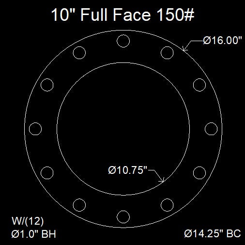10" Full Face Flange Gasket (w/12 Bolt Holes) - 150 Lbs. - 1/8" Thick Viton™